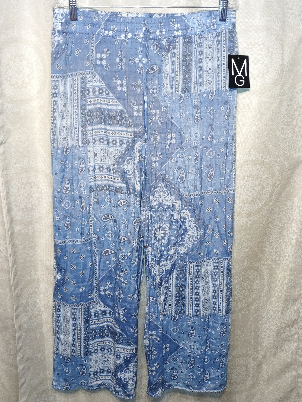 Mlle Gabrielle Blue Bandana-Print Wide Leg Pants NWT